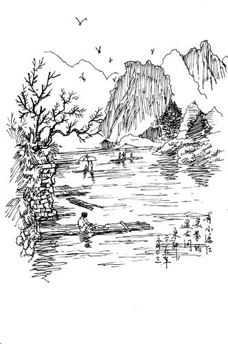 的竹筏简笔画步骤图涂画简笔画中国水墨手绘竹筏《小小竹排画中游》