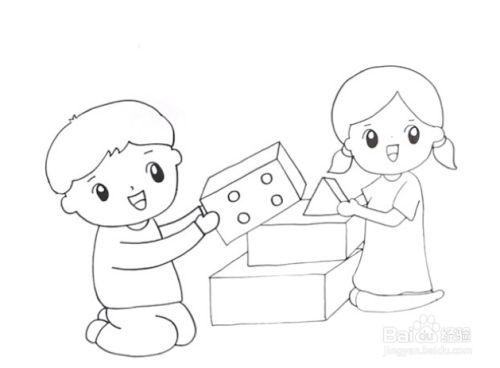小孩玩积木简笔画图片